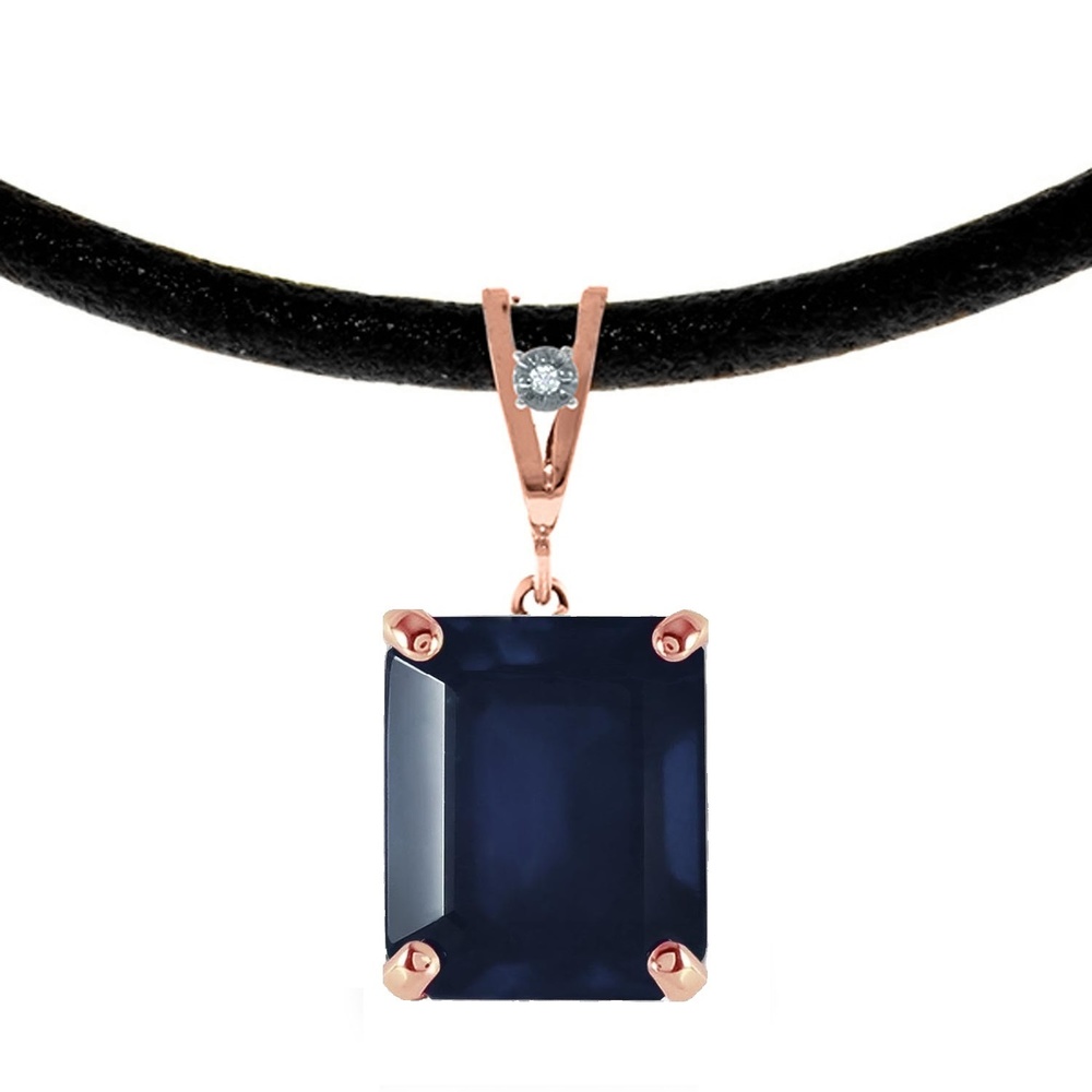 14K. GOLD & LEATHER NECKLACE WITH DIAMOND & SAPPHIRE (Rose Gold)